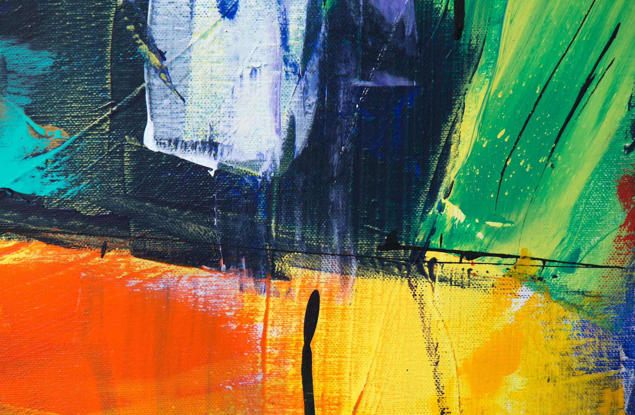 Colorful abstract painting with vivid hues and dynamic brushstrokes creating a modern artistic expression.